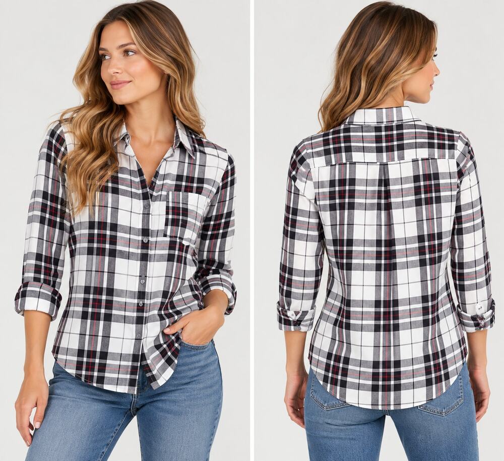 Foxcroft Womens 10 Black White Plaid Wrinkle Free Button Down Shaped Shirt